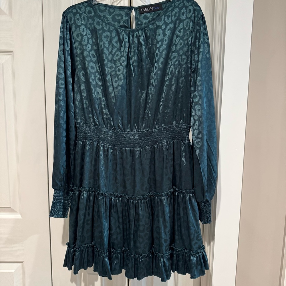 Evelyn Blue Green Jacquard Leopard Print Smocked Waist Dress